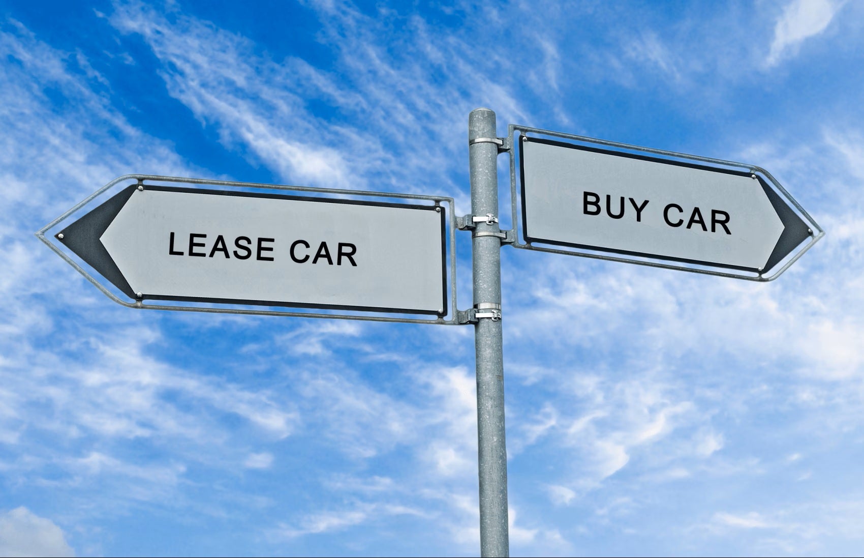 two street signs labled lease car and buy car